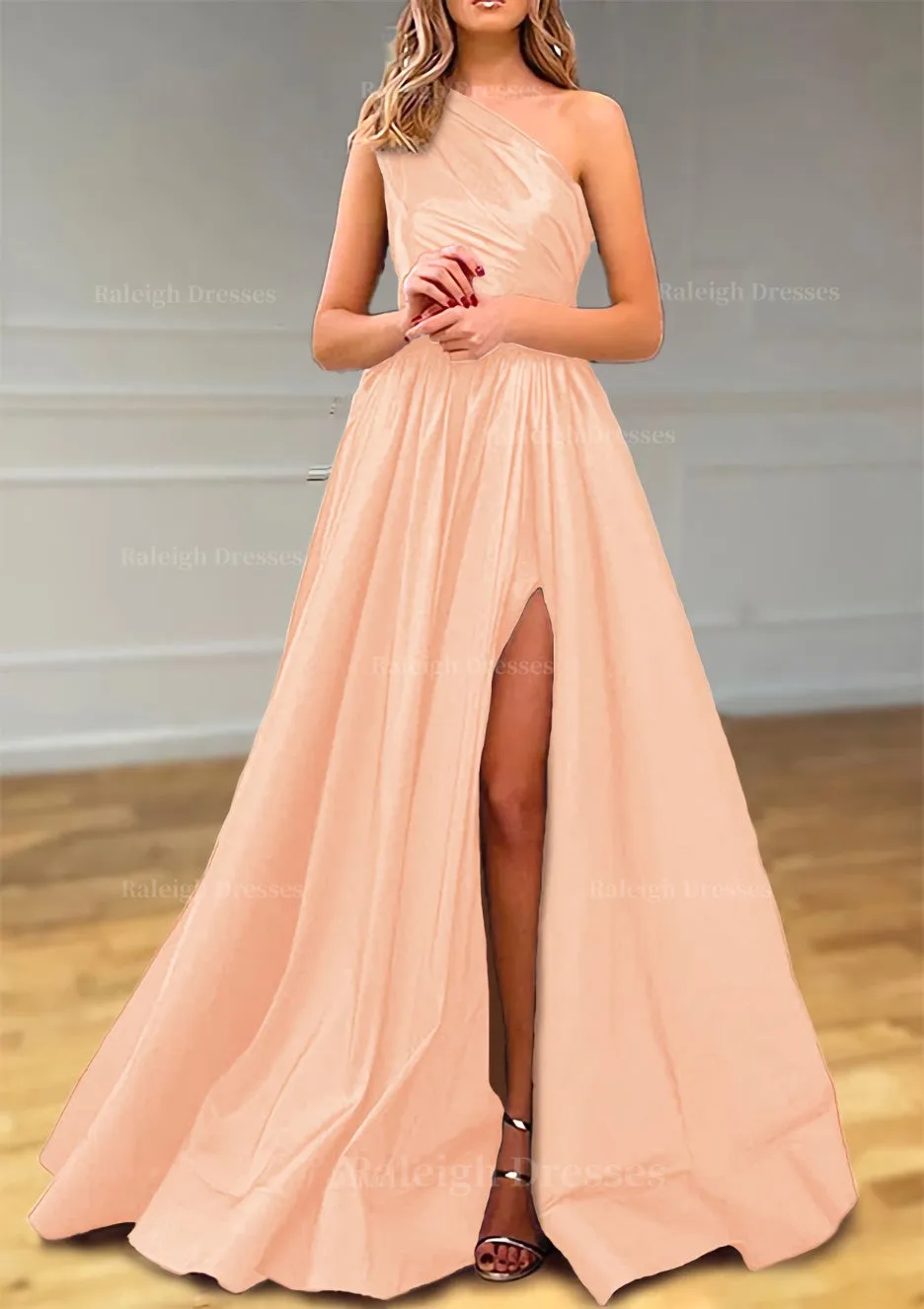 A-line One-Shoulder Satin Prom Dress With Pleated Split