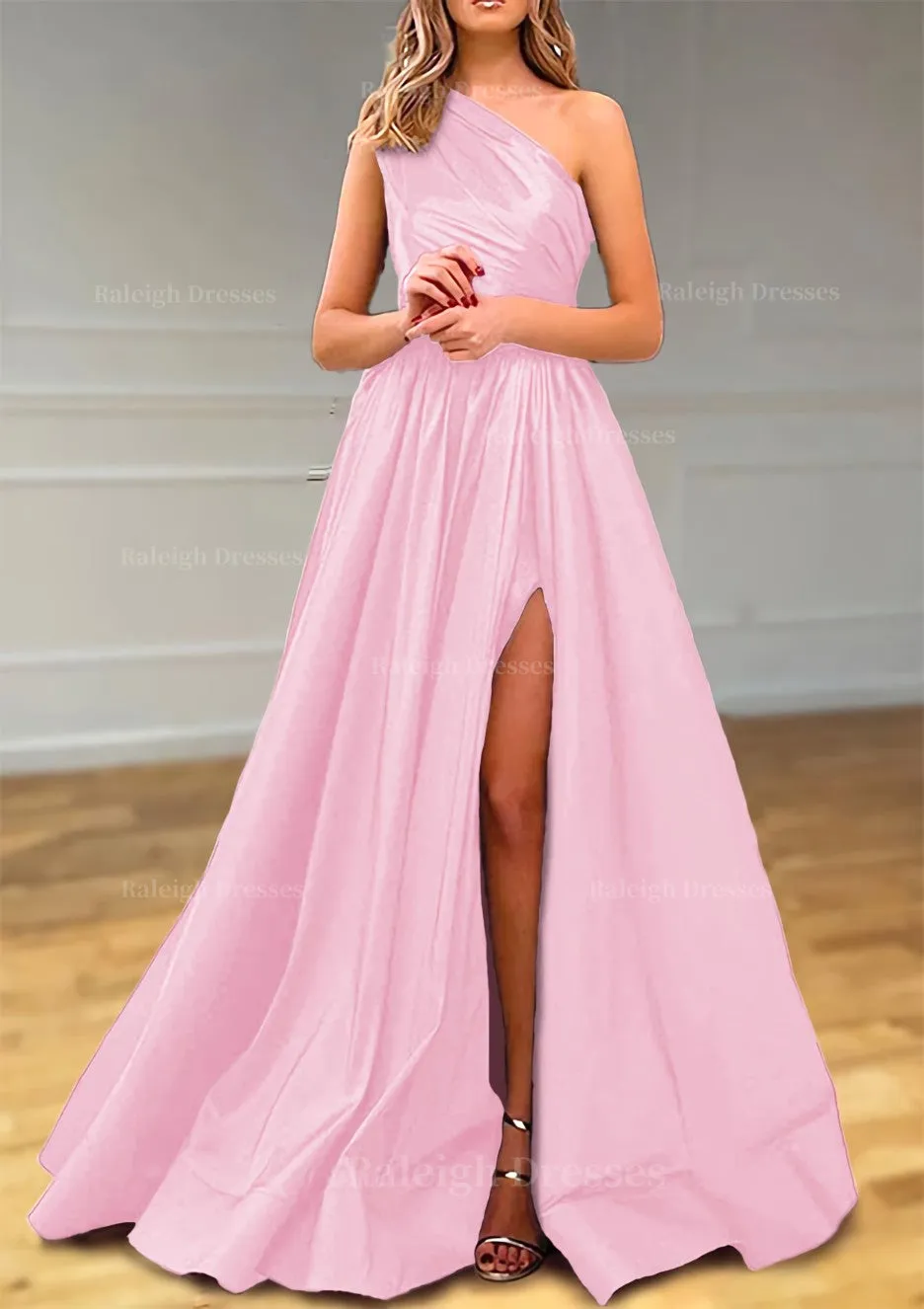 A-line One-Shoulder Satin Prom Dress With Pleated Split