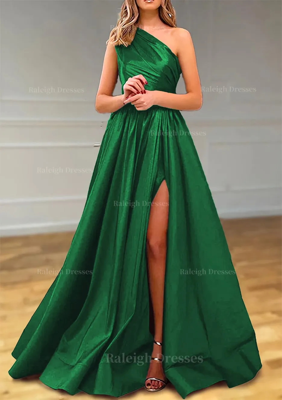 A-line One-Shoulder Satin Prom Dress With Pleated Split