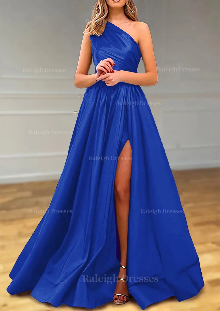 A-line One-Shoulder Satin Prom Dress With Pleated Split
