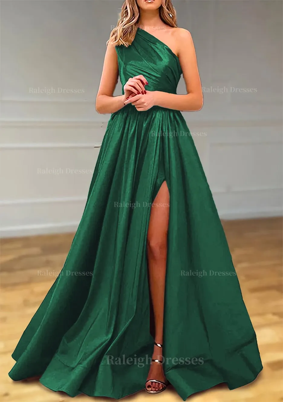 A-line One-Shoulder Satin Prom Dress With Pleated Split