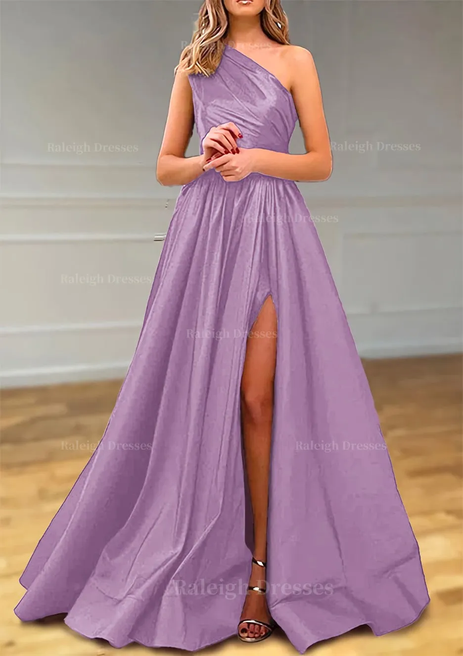 A-line One-Shoulder Satin Prom Dress With Pleated Split