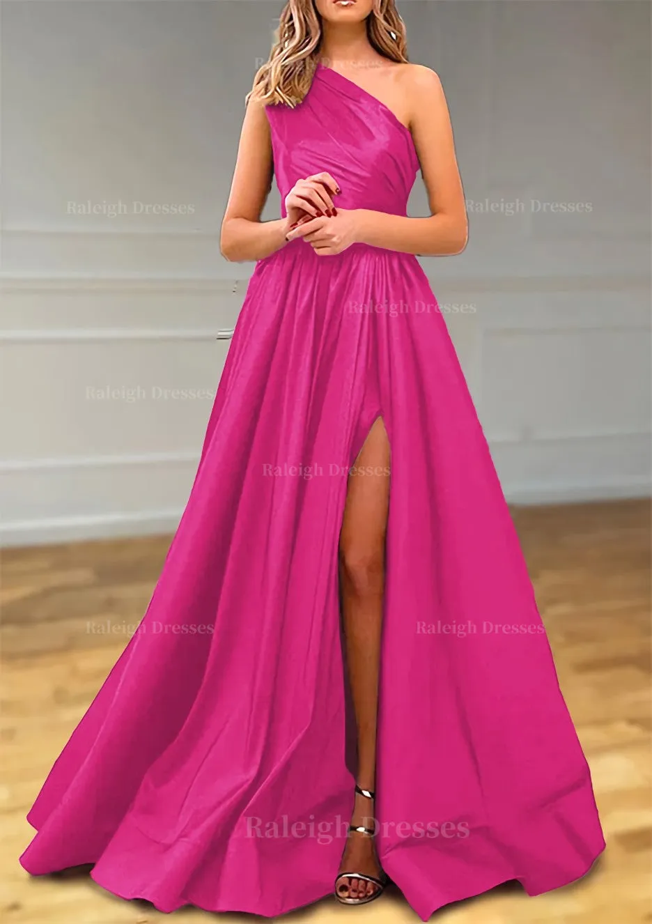 A-line One-Shoulder Satin Prom Dress With Pleated Split