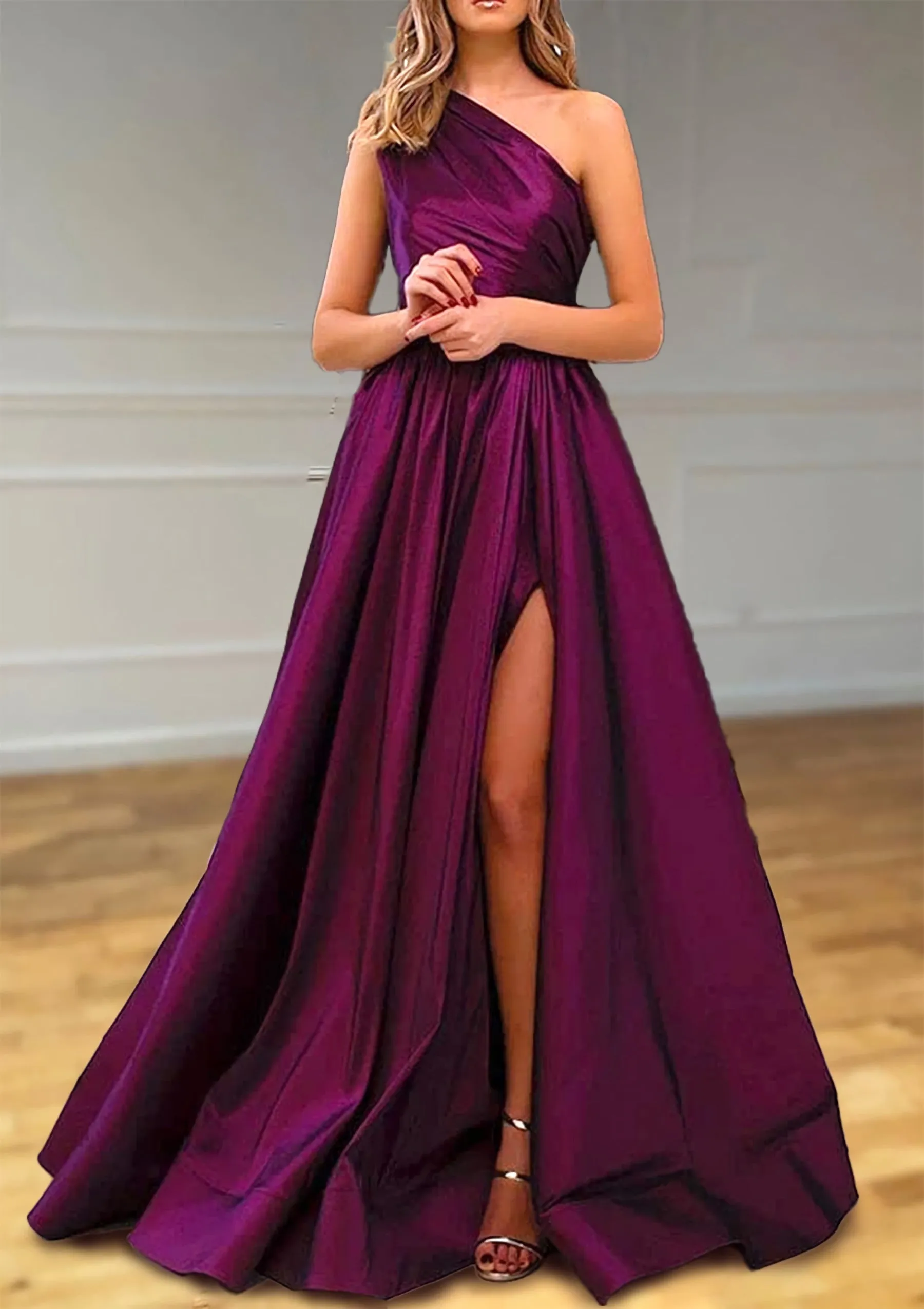 A-line One-Shoulder Satin Prom Dress With Pleated Split