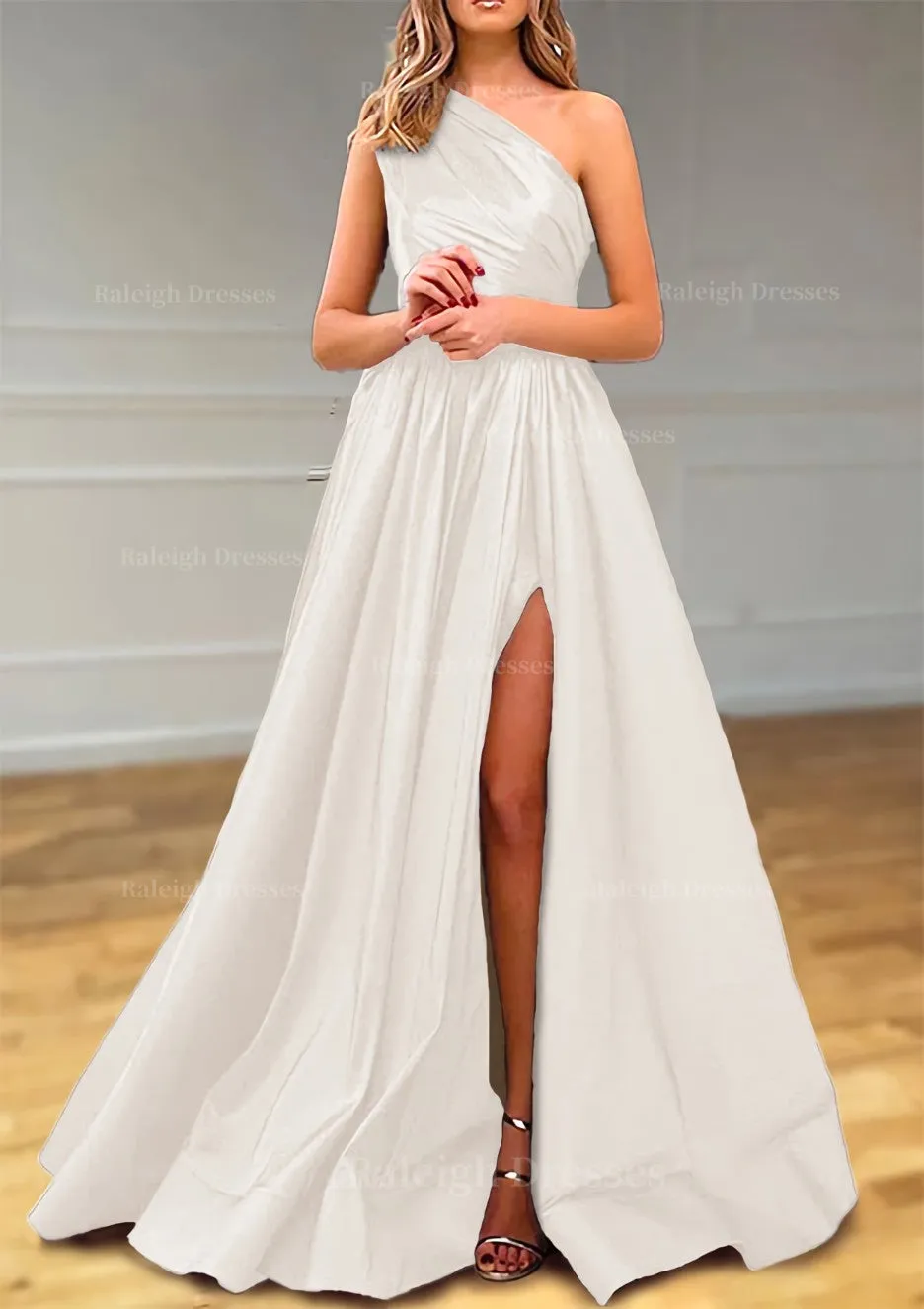A-line One-Shoulder Satin Prom Dress With Pleated Split