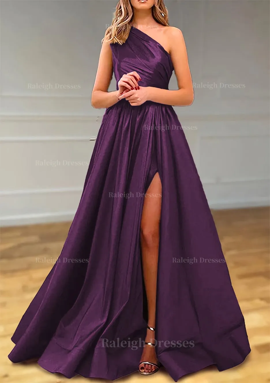 A-line One-Shoulder Satin Prom Dress With Pleated Split
