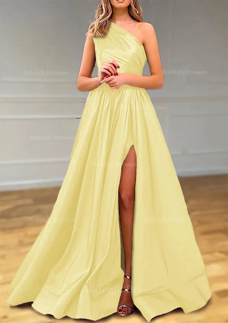 A-line One-Shoulder Satin Prom Dress With Pleated Split