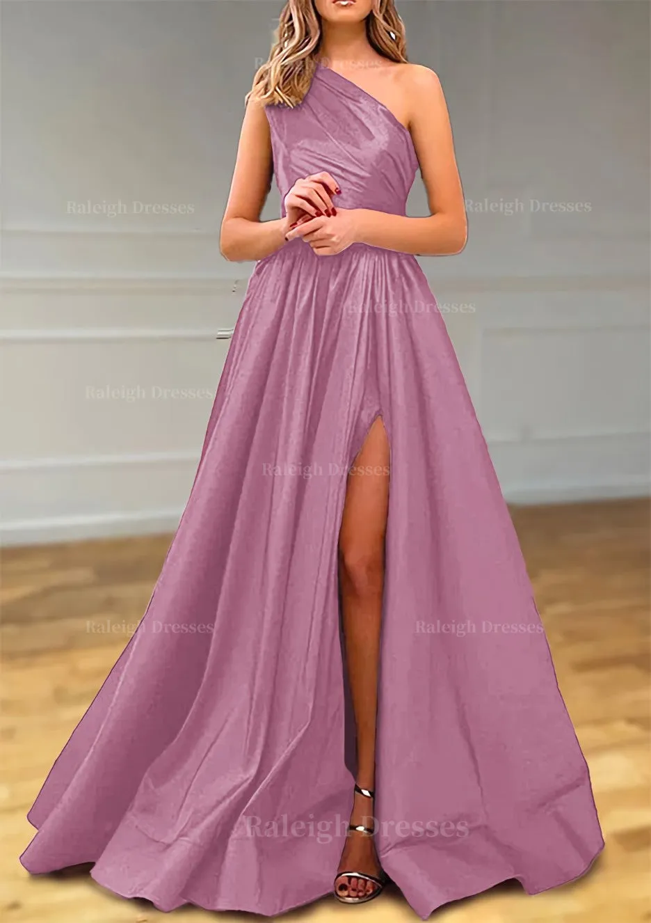 A-line One-Shoulder Satin Prom Dress With Pleated Split