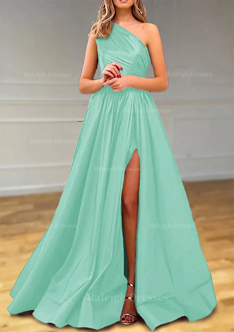 A-line One-Shoulder Satin Prom Dress With Pleated Split