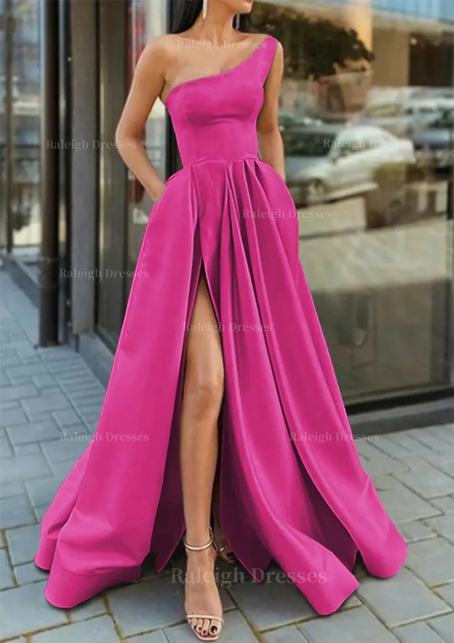 A-line One-Shoulder Sleeveless Long/Floor-Length Satin Prom Dress With Ruffles Split