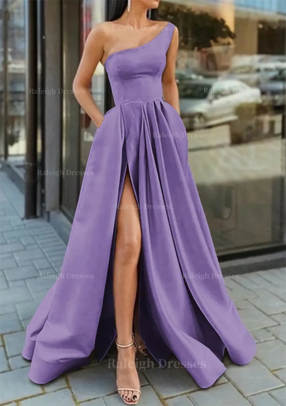 A-line One-Shoulder Sleeveless Long/Floor-Length Satin Prom Dress With Ruffles Split