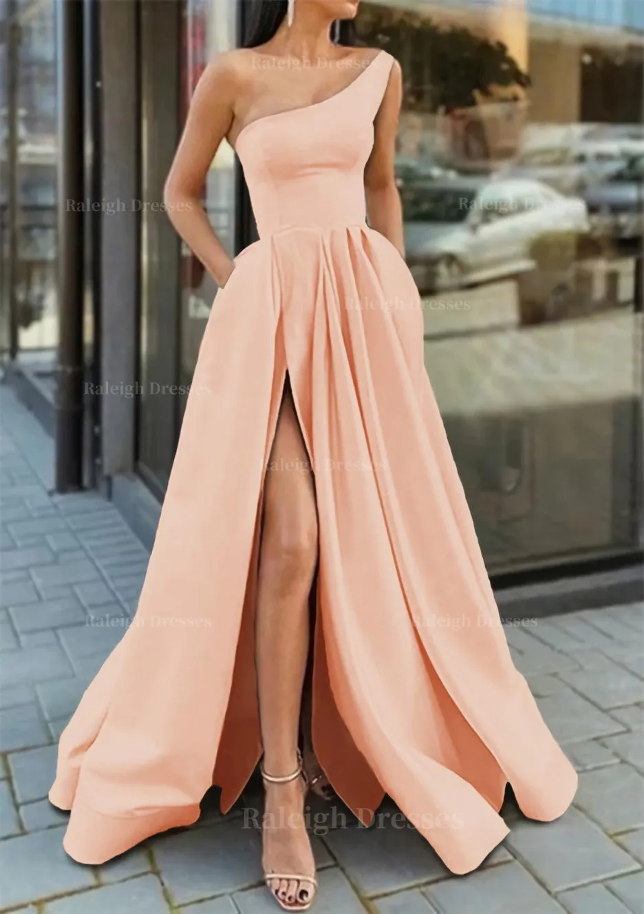 A-line One-Shoulder Sleeveless Long/Floor-Length Satin Prom Dress With Ruffles Split