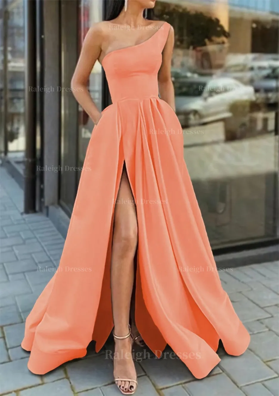 A-line One-Shoulder Sleeveless Long/Floor-Length Satin Prom Dress With Ruffles Split