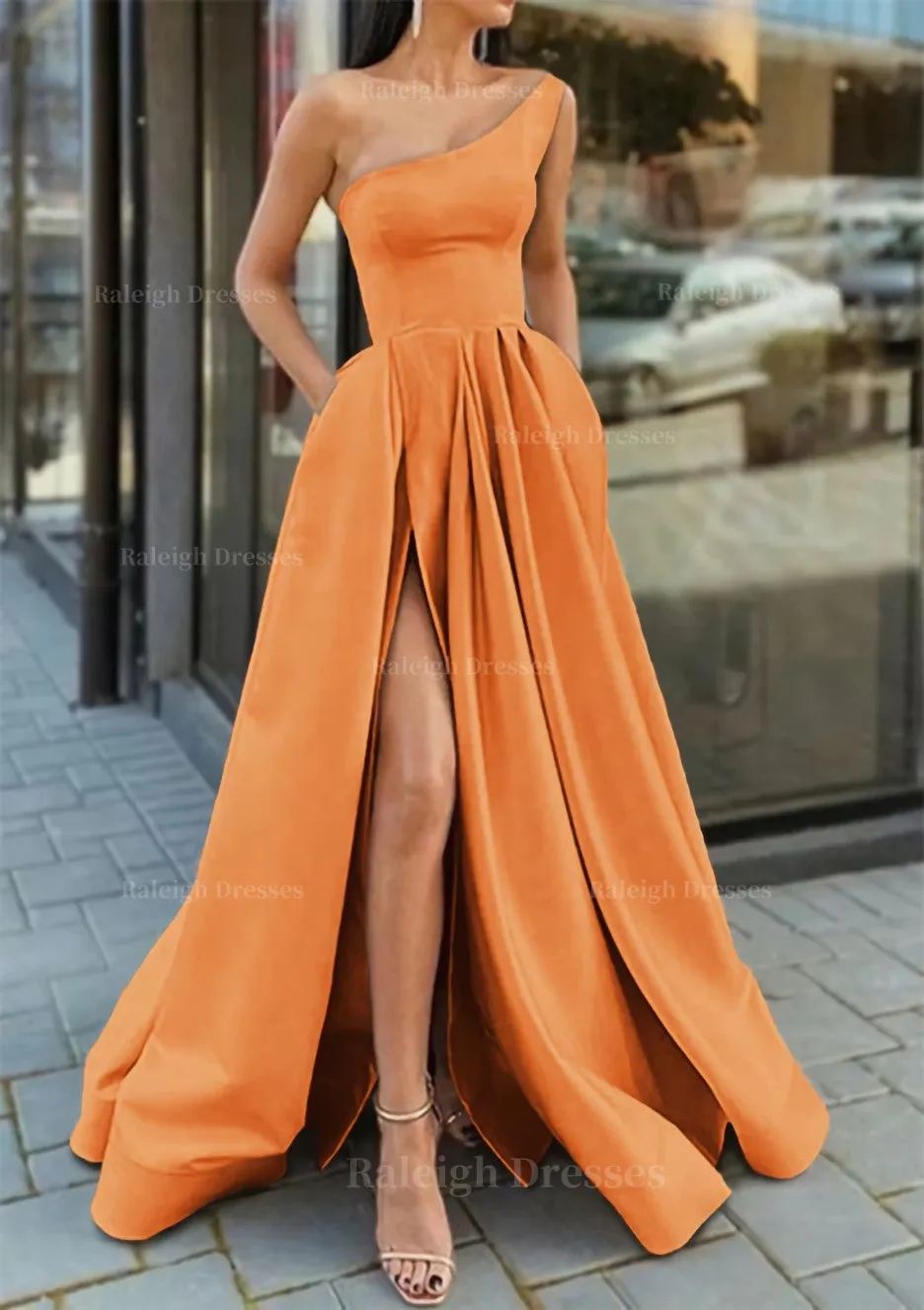 A-line One-Shoulder Sleeveless Long/Floor-Length Satin Prom Dress With Ruffles Split