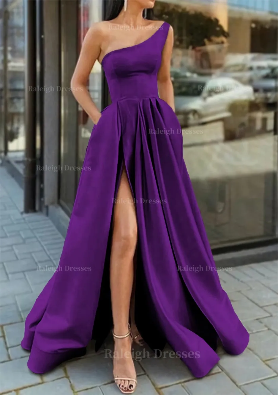A-line One-Shoulder Sleeveless Long/Floor-Length Satin Prom Dress With Ruffles Split