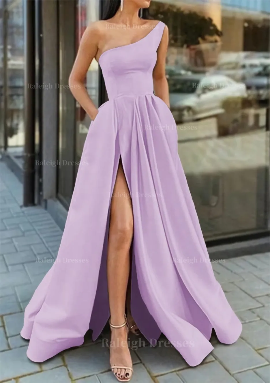 A-line One-Shoulder Sleeveless Long/Floor-Length Satin Prom Dress With Ruffles Split