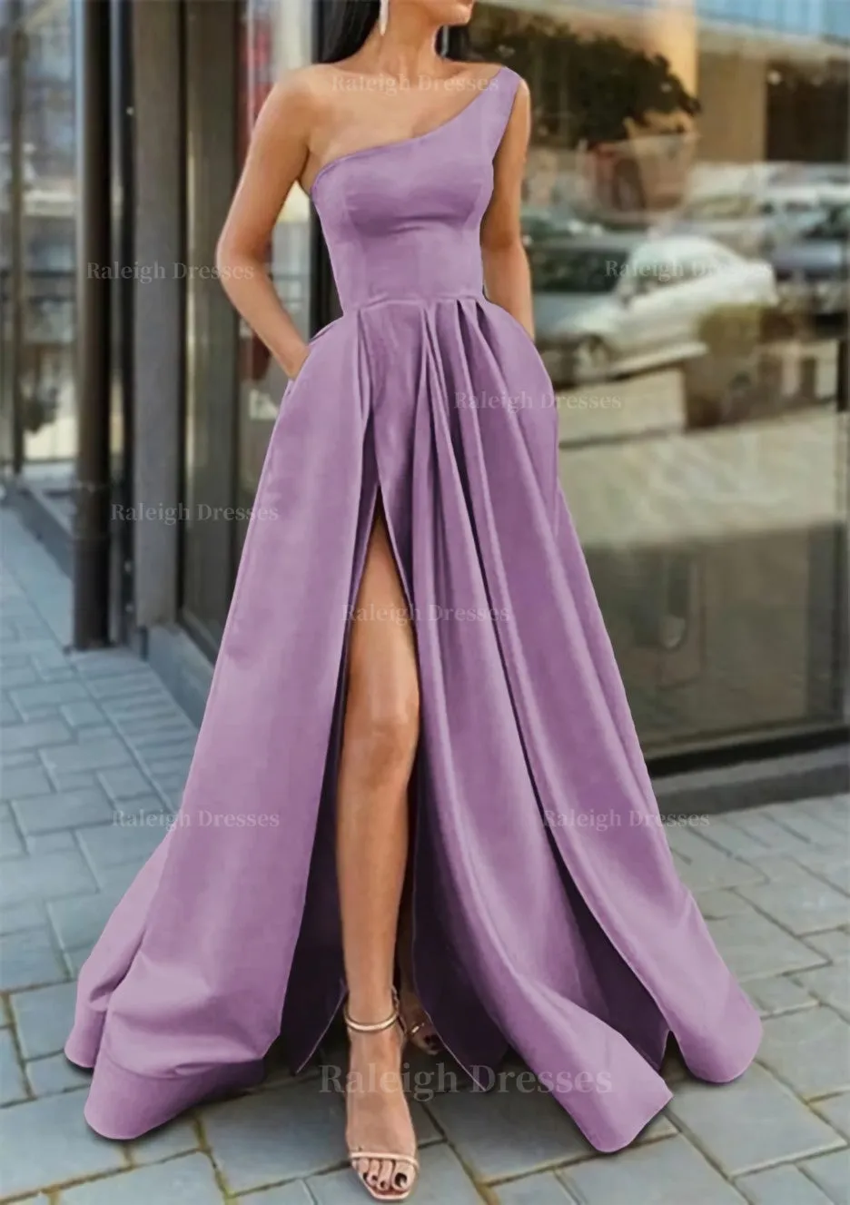 A-line One-Shoulder Sleeveless Long/Floor-Length Satin Prom Dress With Ruffles Split