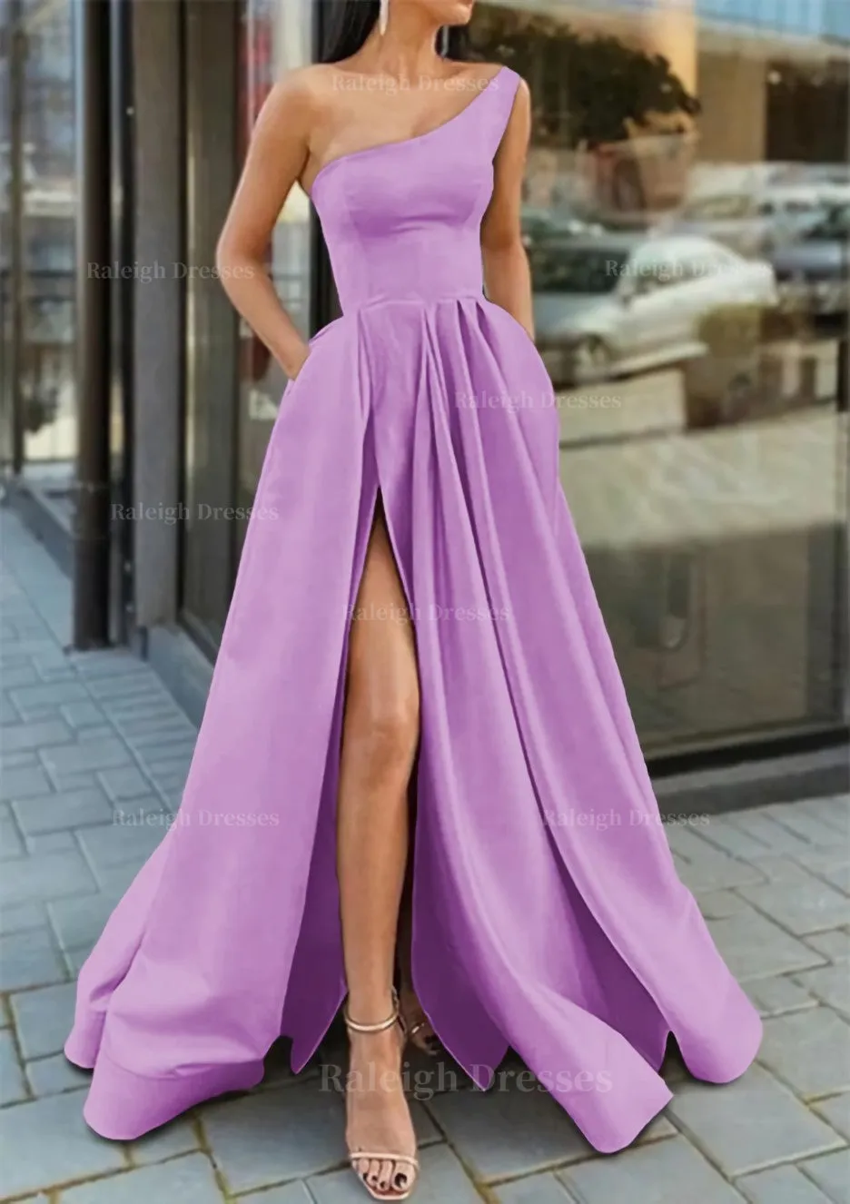 A-line One-Shoulder Sleeveless Long/Floor-Length Satin Prom Dress With Ruffles Split