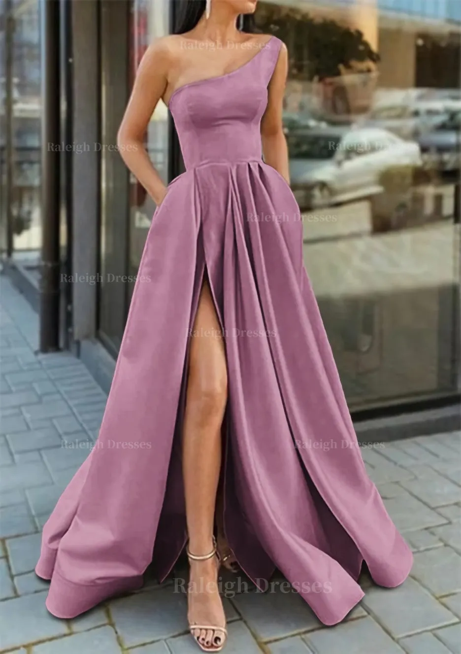 A-line One-Shoulder Sleeveless Long/Floor-Length Satin Prom Dress With Ruffles Split