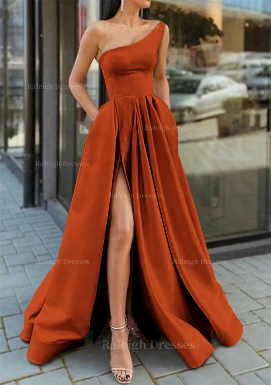 A-line One-Shoulder Sleeveless Long/Floor-Length Satin Prom Dress With Ruffles Split