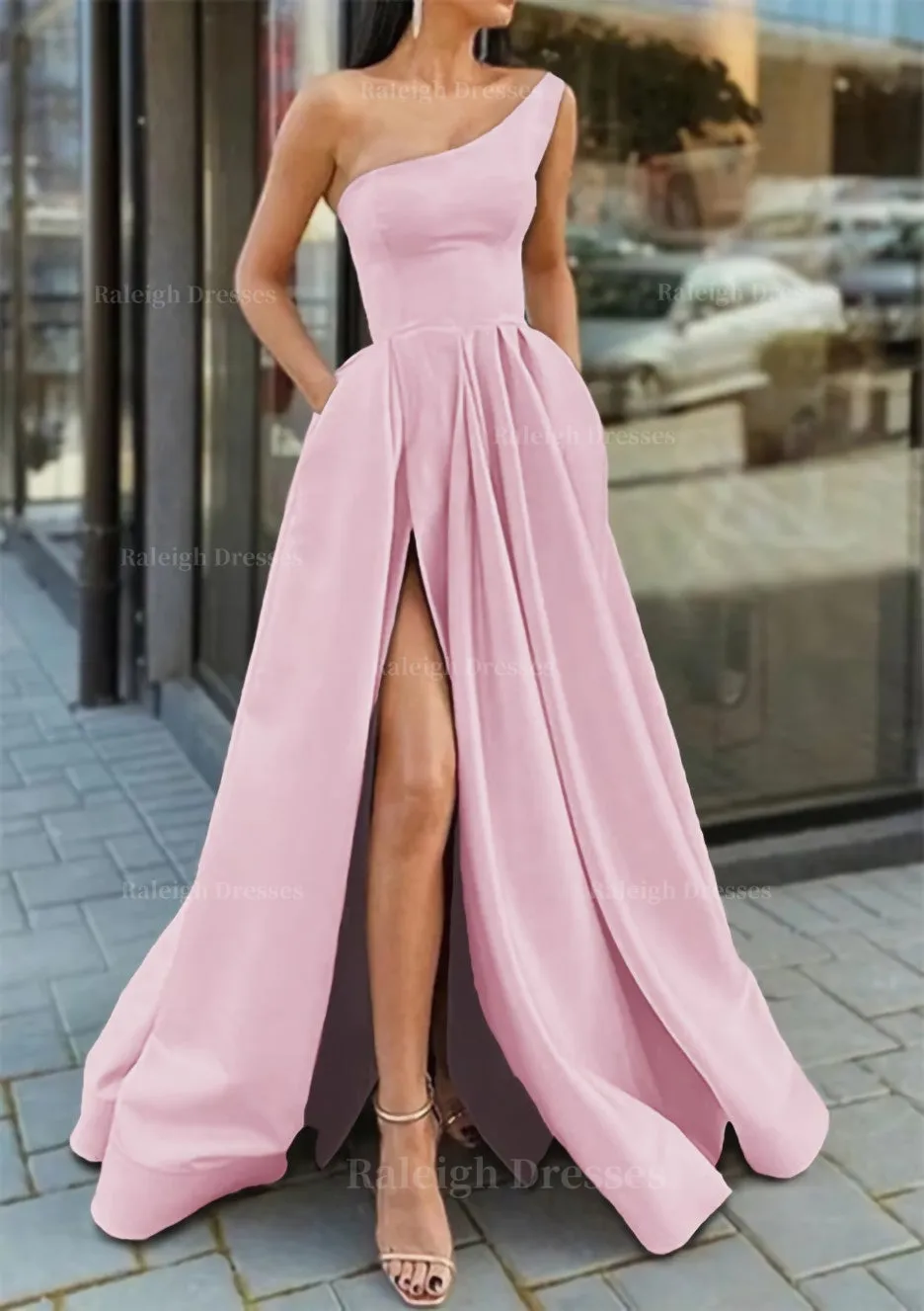 A-line One-Shoulder Sleeveless Long/Floor-Length Satin Prom Dress With Ruffles Split