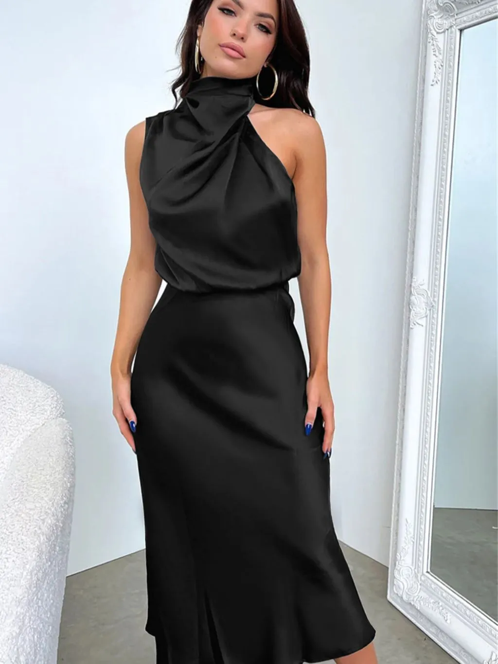 Addison Stretch Satin Charming Long Sleeve Midi Dress