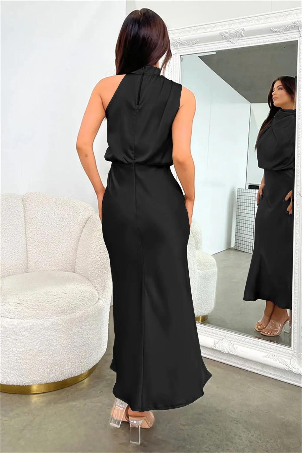 Addison Stretch Satin Charming Long Sleeve Midi Dress