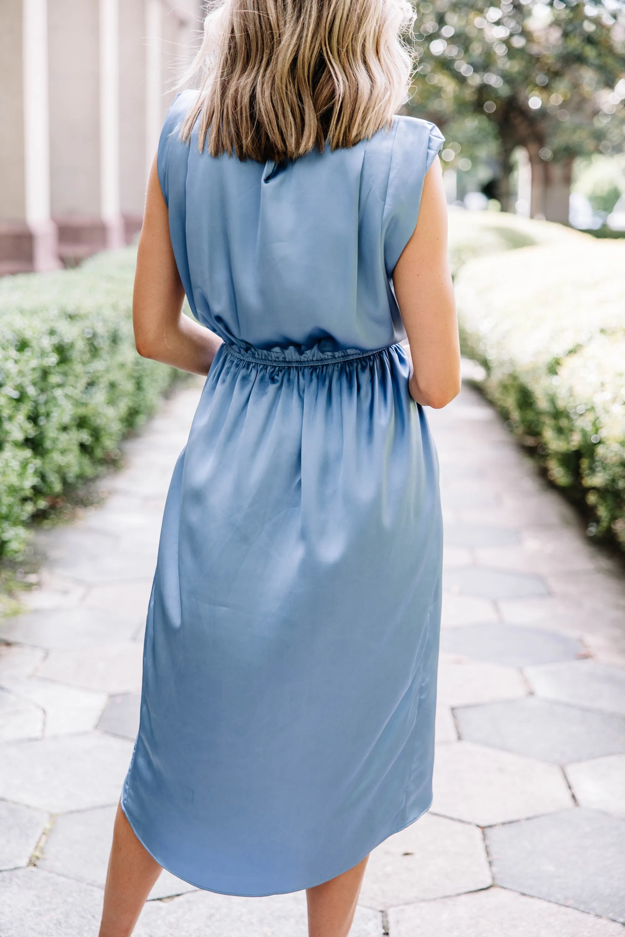 All Eyes On You Dusty Blue Satin Midi Dress