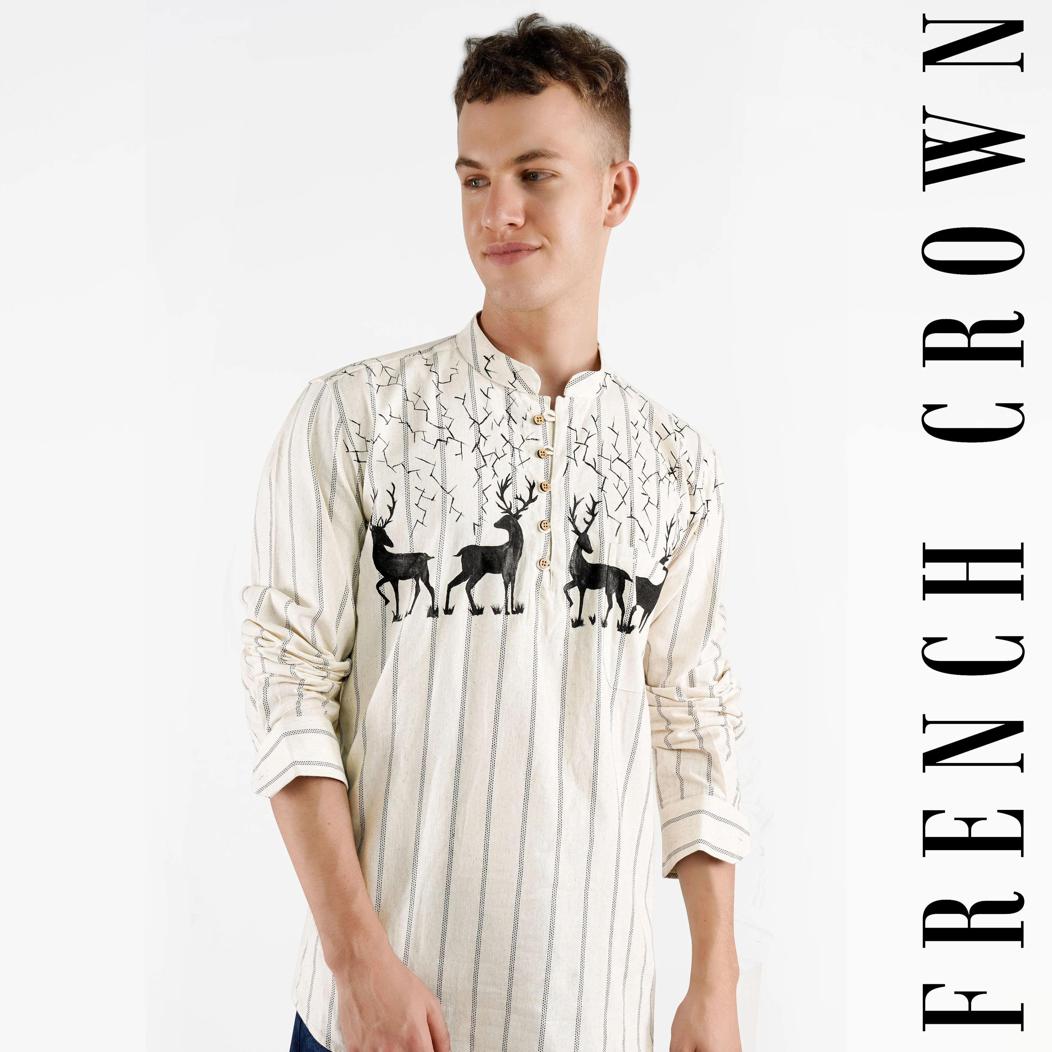 Almond Brown with Black Striped With Deer Hand Painted Luxurious Linen Designer Kurta Shirt