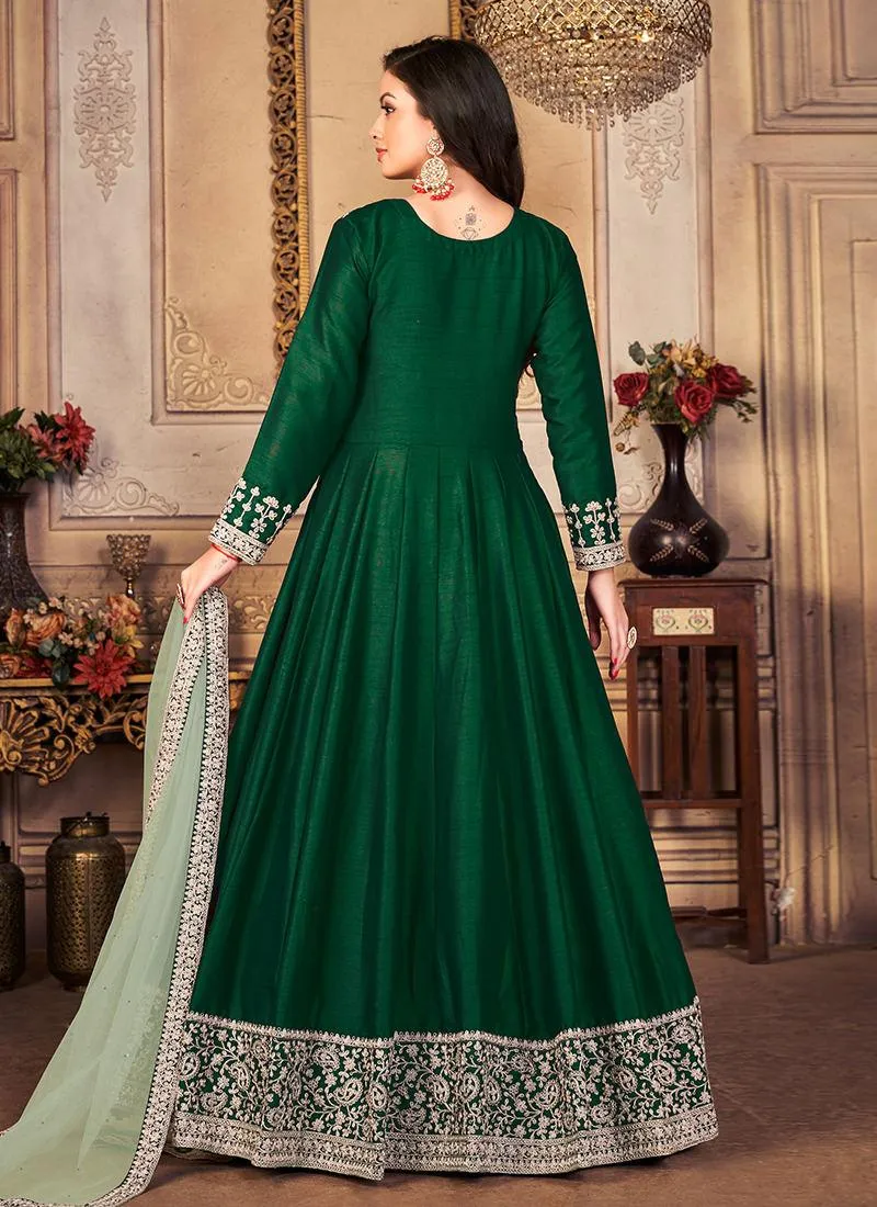 Art Silk Green Embroidered Gown