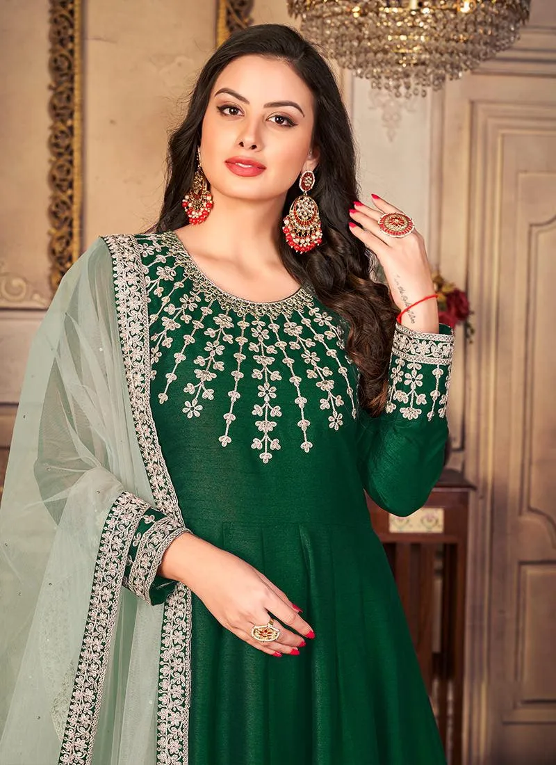 Art Silk Green Embroidered Gown
