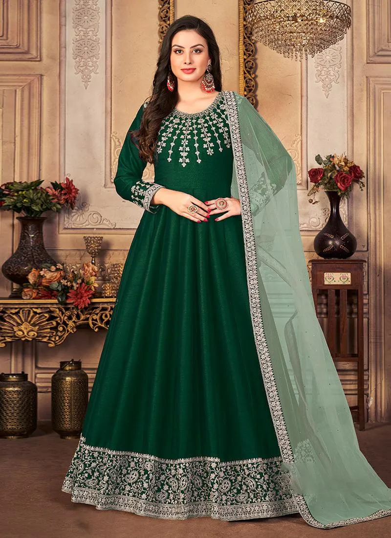 Art Silk Green Embroidered Gown