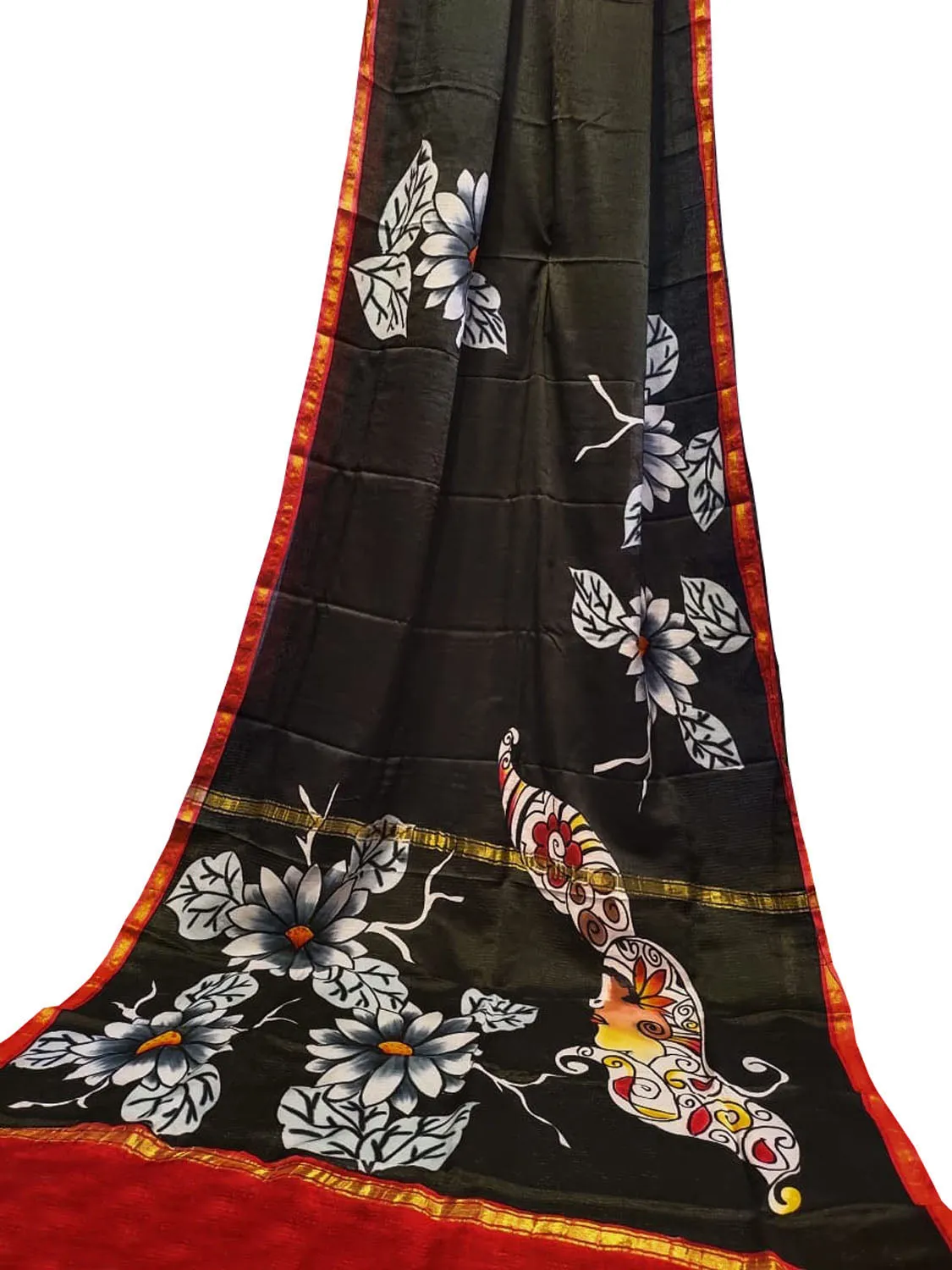 Black Hand Painted Chanderi Silk Saree