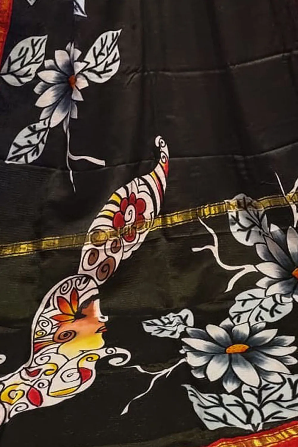 Black Hand Painted Chanderi Silk Saree