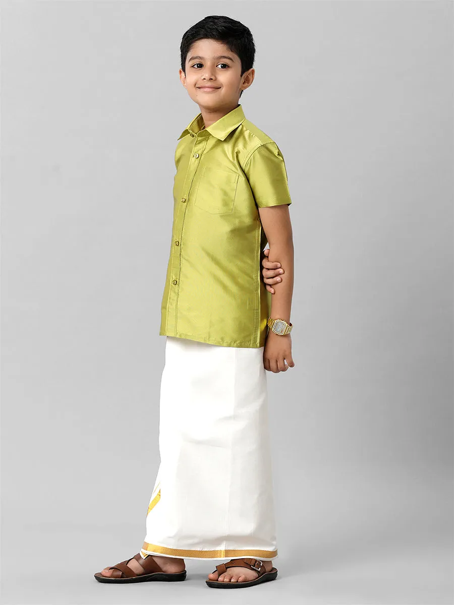 Boys Silk Cotton Lemon Green Half Sleeves Shirt K44
