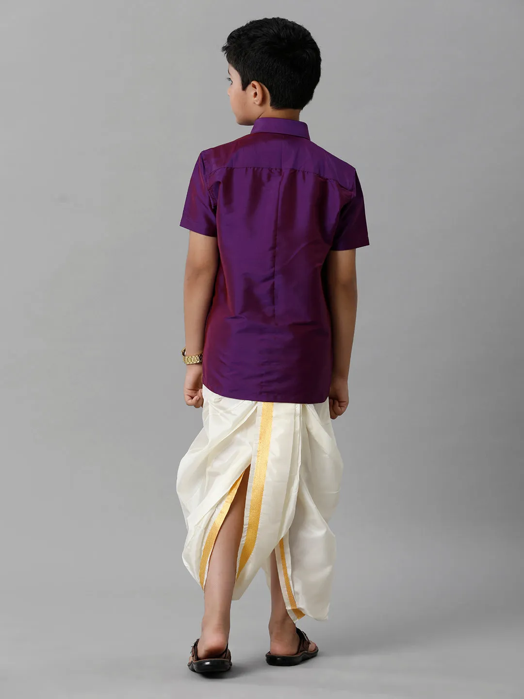 Boys Silk Cotton Violet Half Sleeves Shirt with Soft Silk Panchakacham Combo K21