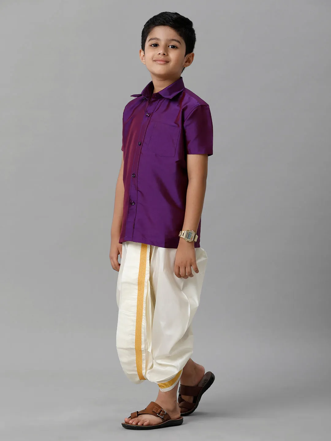 Boys Silk Cotton Violet Half Sleeves Shirt with Soft Silk Panchakacham Combo K21