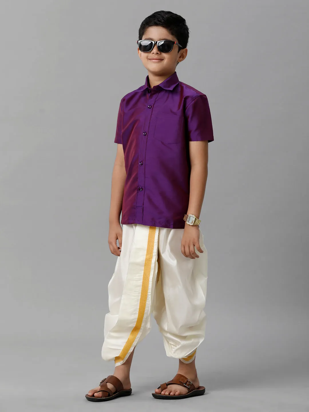 Boys Silk Cotton Violet Half Sleeves Shirt with Soft Silk Panchakacham Combo K21