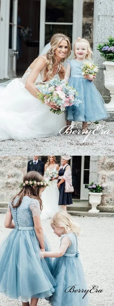 Cap Sleeves Blue Tulle Lace Flower Girl Dresses