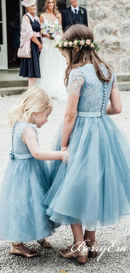 Cap Sleeves Blue Tulle Lace Flower Girl Dresses