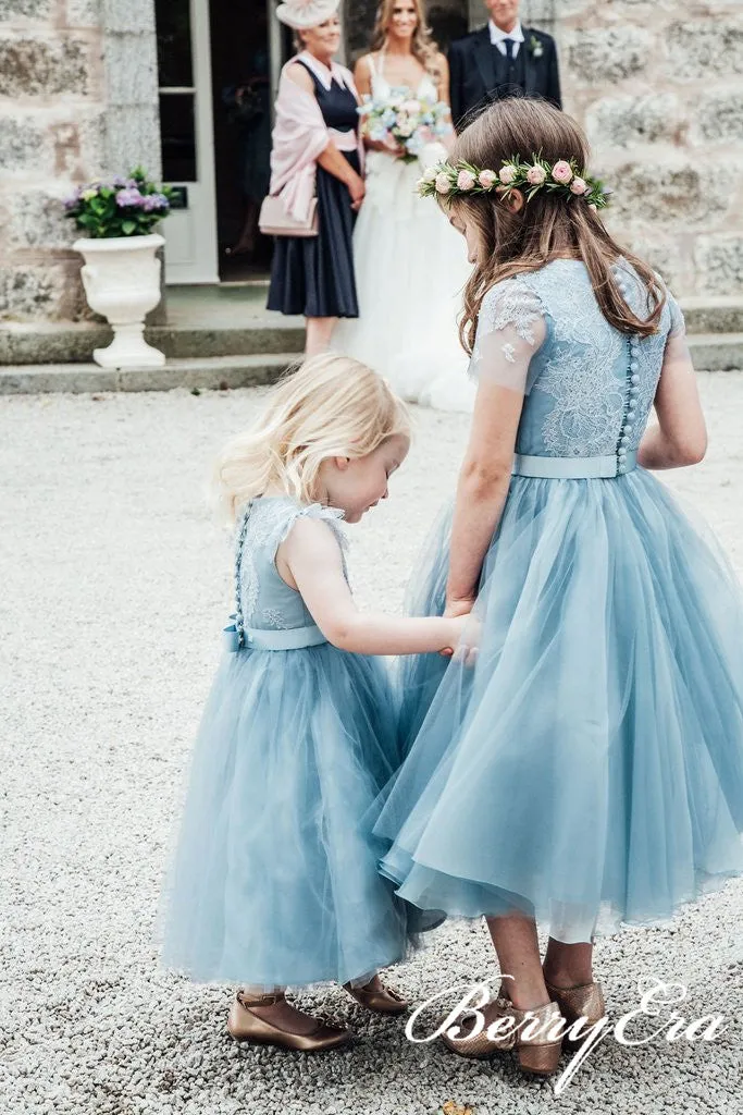 Cap Sleeves Blue Tulle Lace Flower Girl Dresses