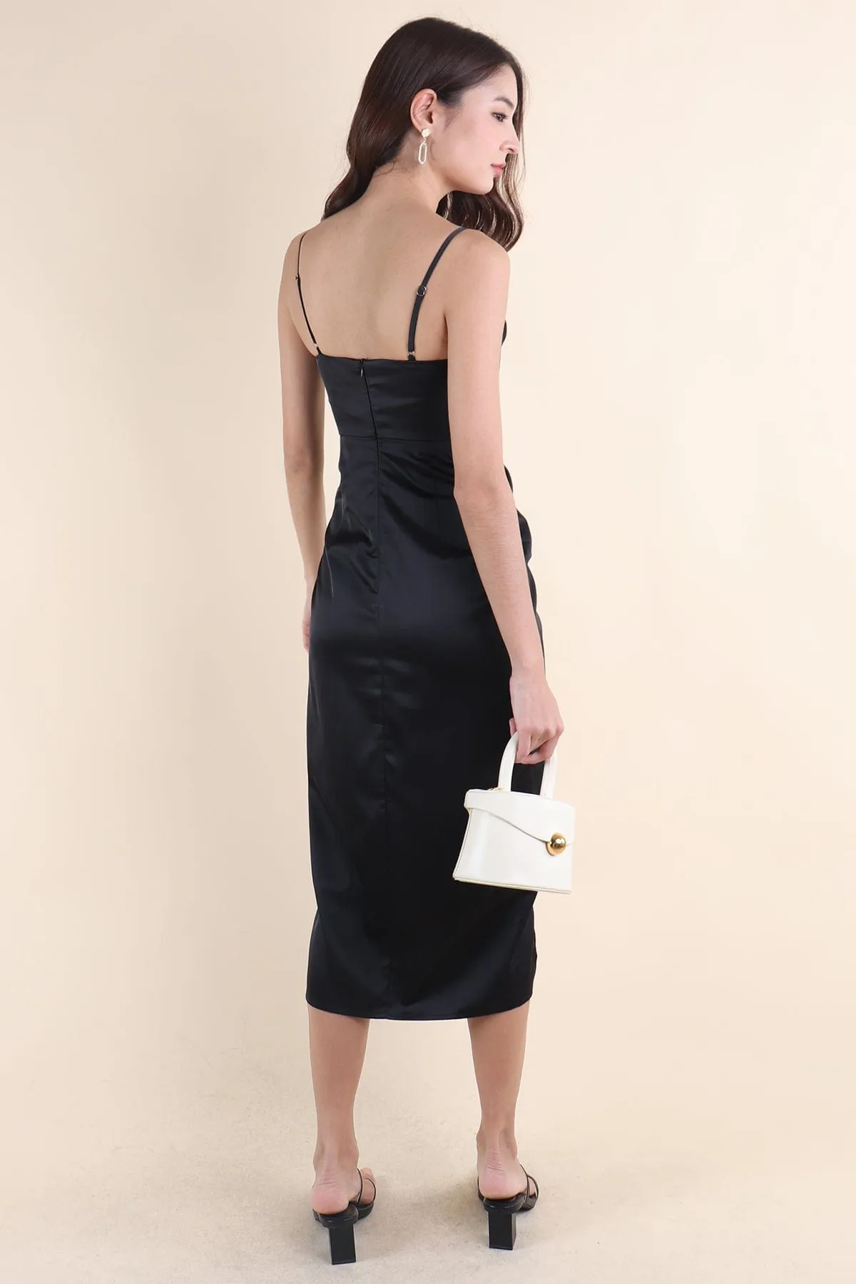 CASSI COWL NECK SATIN MIDAXI IN BLACK