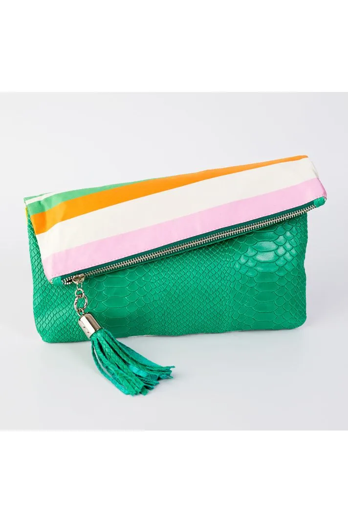 Cece Kelly Embossed Python Reversible to Rainbow Silk Foldover Clutch