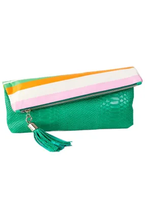Cece Kelly Embossed Python Reversible to Rainbow Silk Foldover Clutch