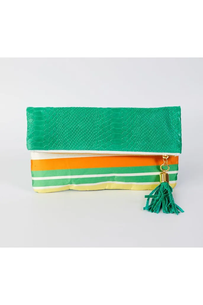 Cece Kelly Embossed Python Reversible to Rainbow Silk Foldover Clutch