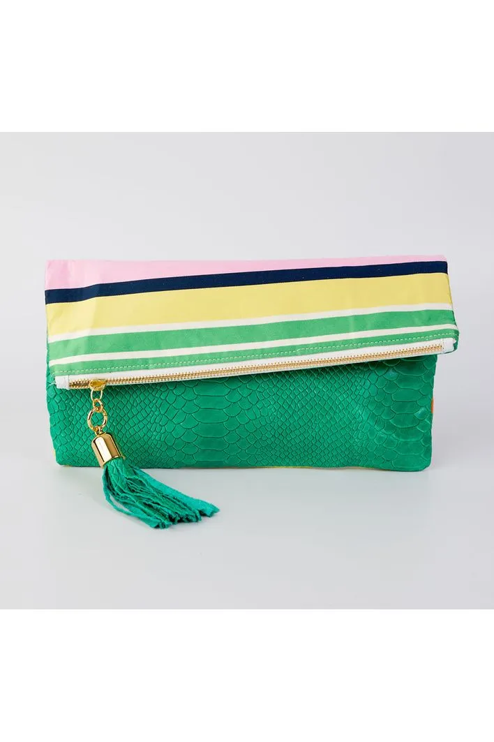 Cece Kelly Embossed Python Reversible to Rainbow Silk Foldover Clutch
