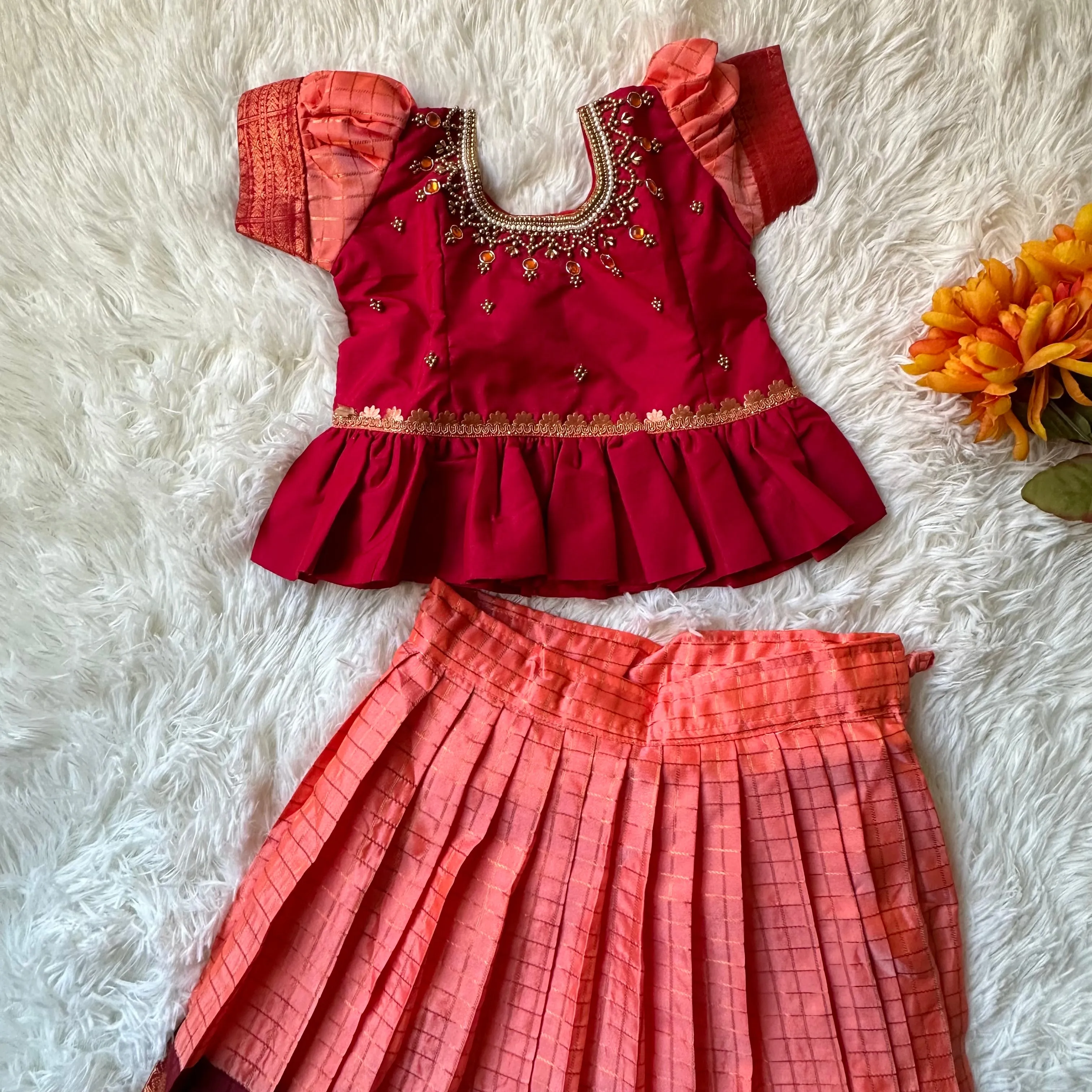Chic Harmony: Peach Checked Skirt with Maroon Aari Work Peplum Top