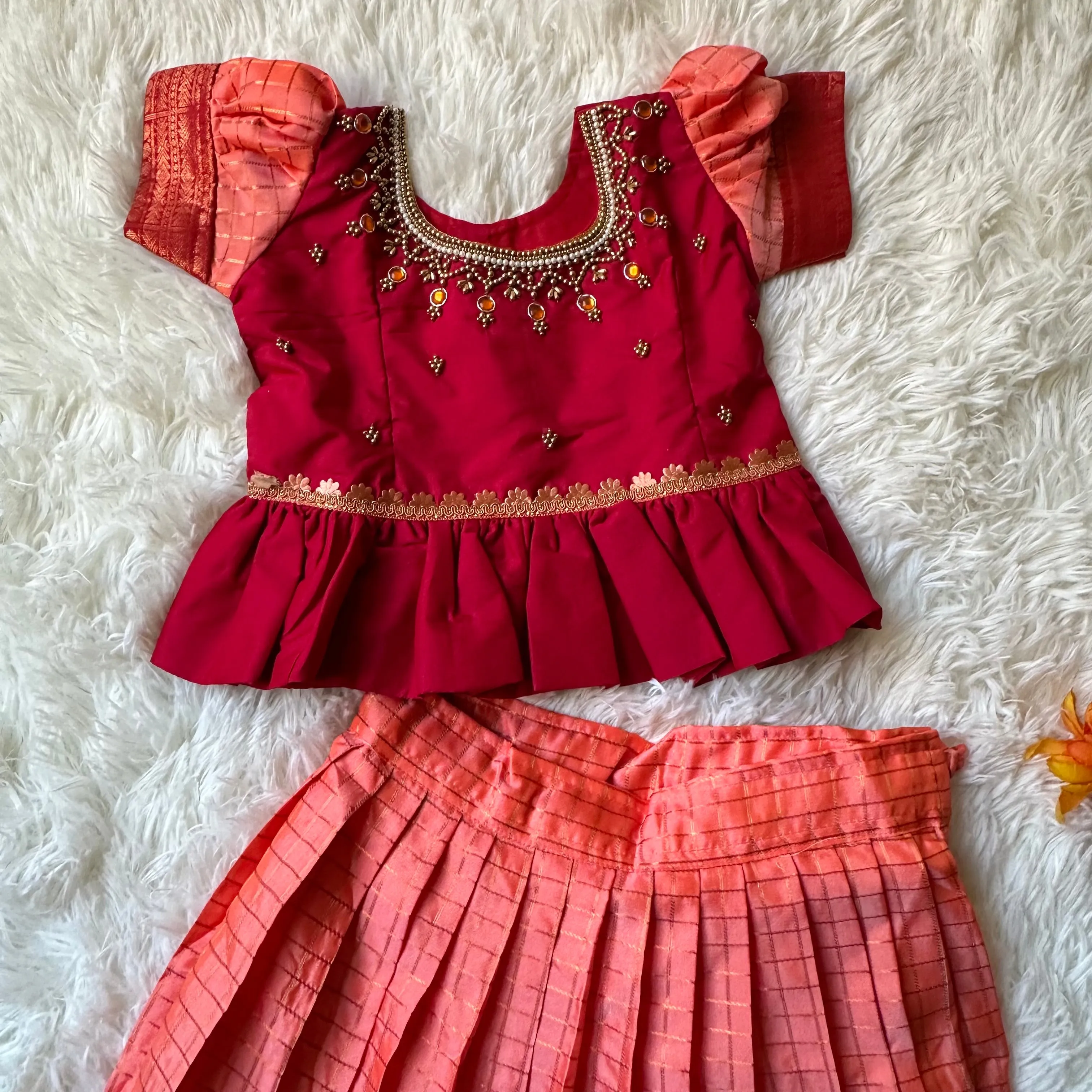 Chic Harmony: Peach Checked Skirt with Maroon Aari Work Peplum Top