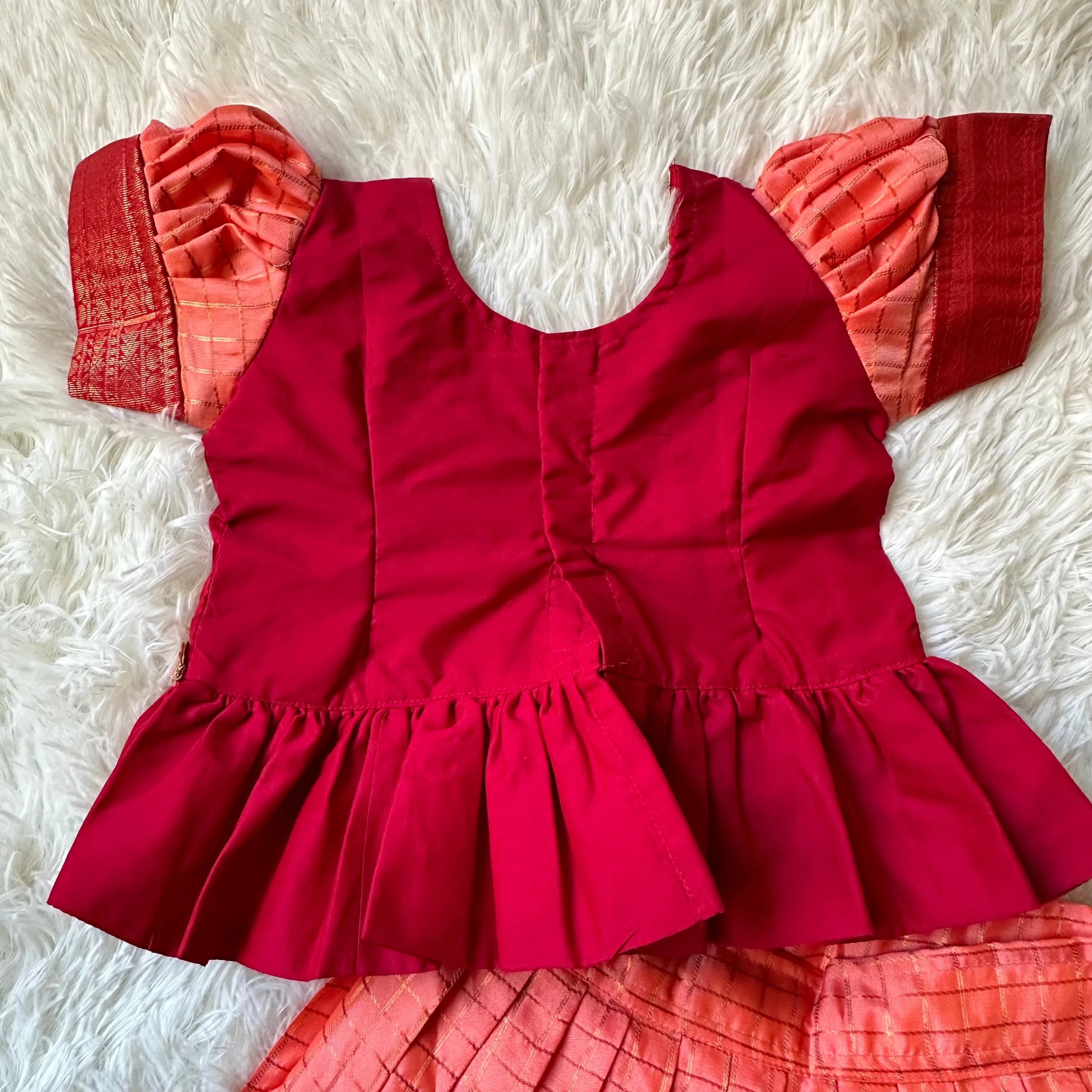 Chic Harmony: Peach Checked Skirt with Maroon Aari Work Peplum Top