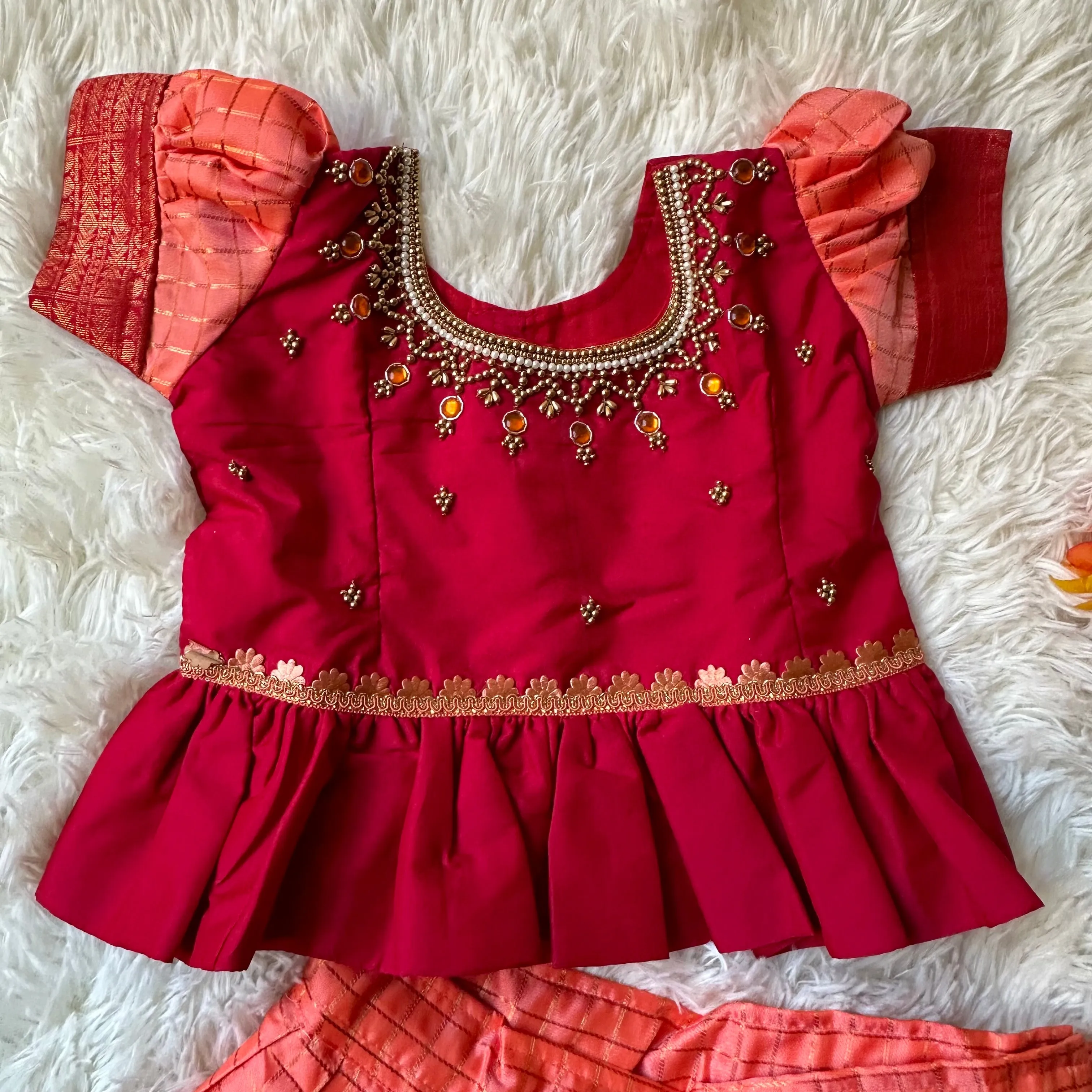 Chic Harmony: Peach Checked Skirt with Maroon Aari Work Peplum Top